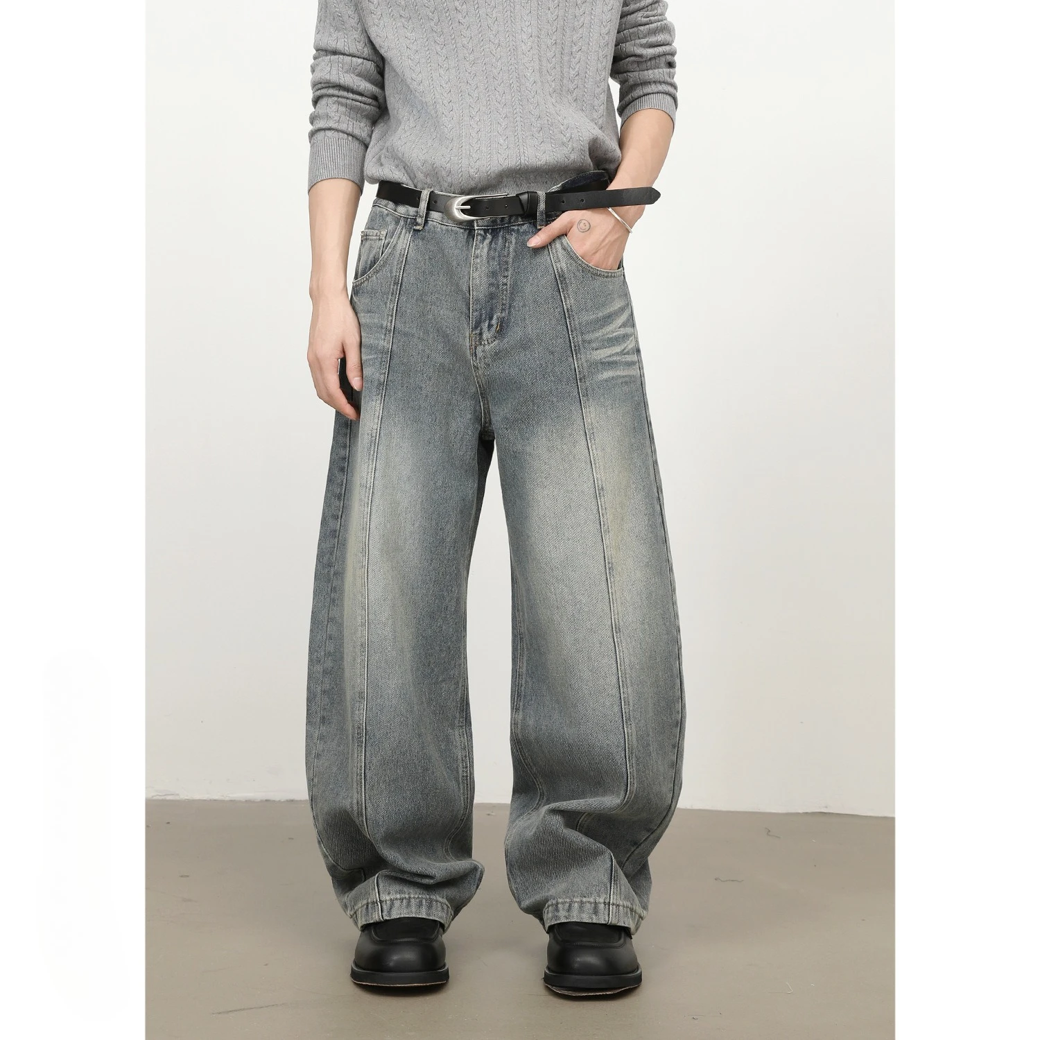 Washed Nostalgic Deconstruction Wide-leg Scimitar Jeans Men's 2026 Trend Retro Loose Straight Trousers