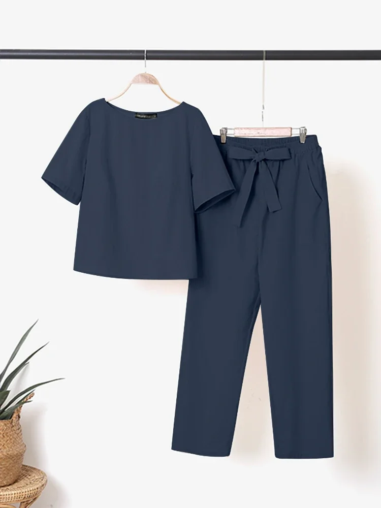 2025 ZANZEA 여름 2PCS 매칭 세트 짧은 소매 블라우스 하렘 바지 세트 여성 의상 캐주얼 솔리드 Tracksuit 두 조각 세트