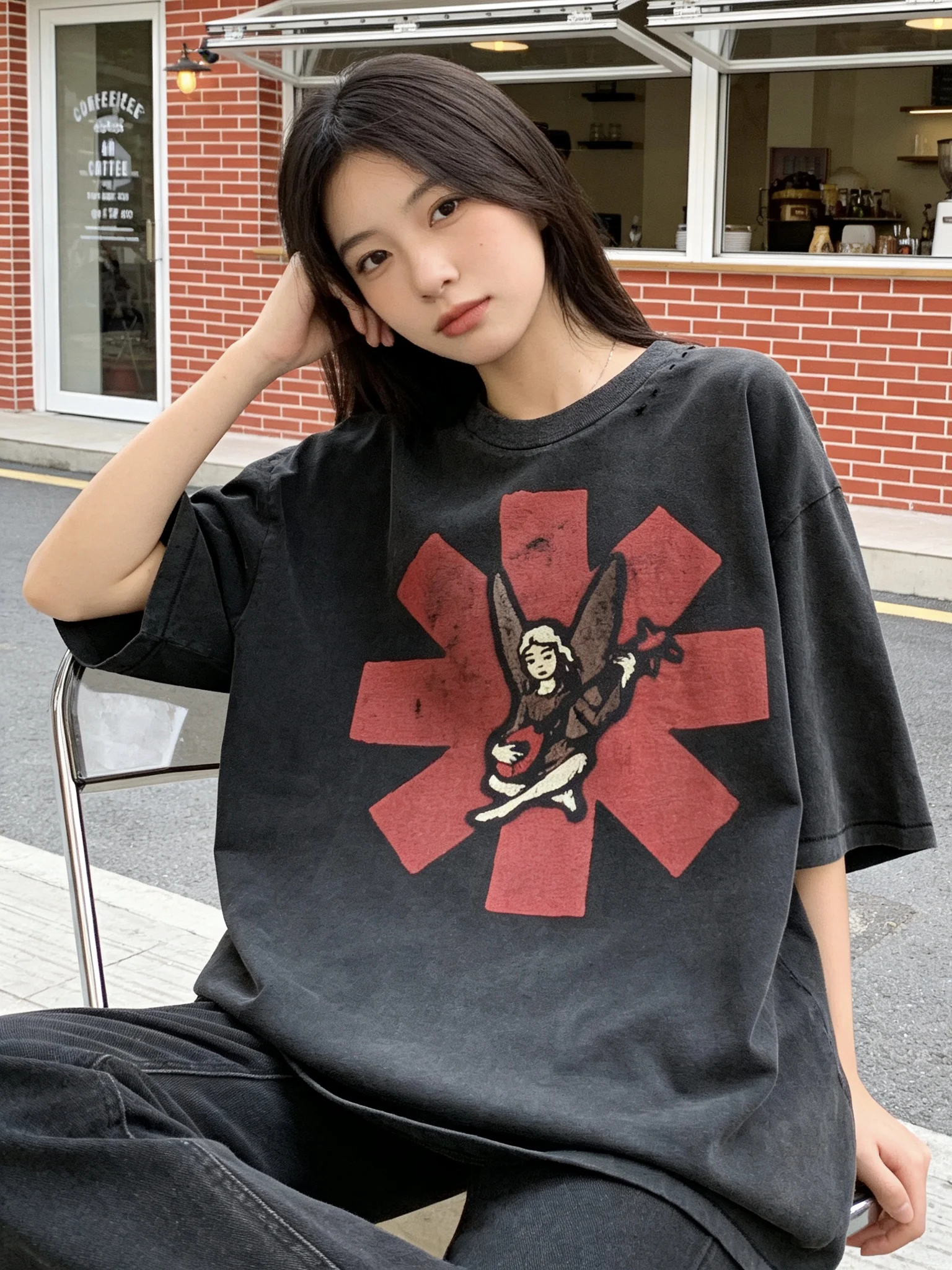  American Style High Street Washed Vintage Hole Short Sleeve T-Shirt Breathable Comfortable Cotton Unisex