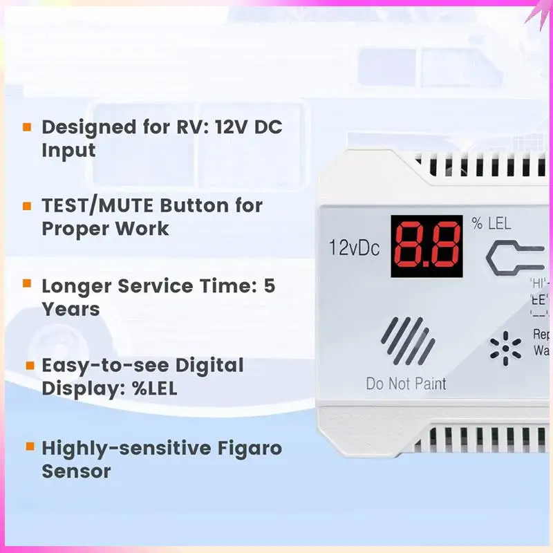 B68C 3X Propane Detector 12V LPG Natural Gas Sensor Leak Alarm 85DB Siren For Car RV Home Digital Propane Tester Meter(White)
