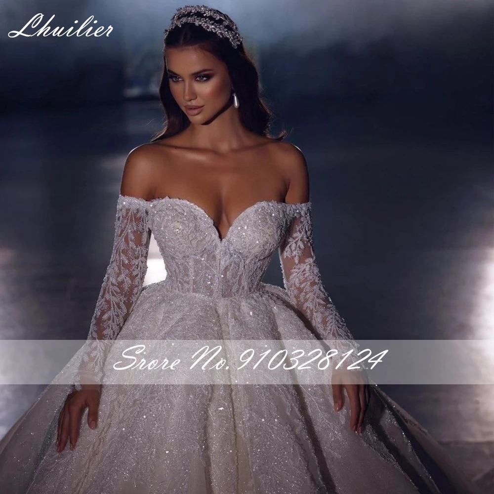 Lhuilier Boat Neck Ball Gown Lace Wedding Dresses Floor Length Long Sleeves Beaded Bridal Gowns with Chapel Train