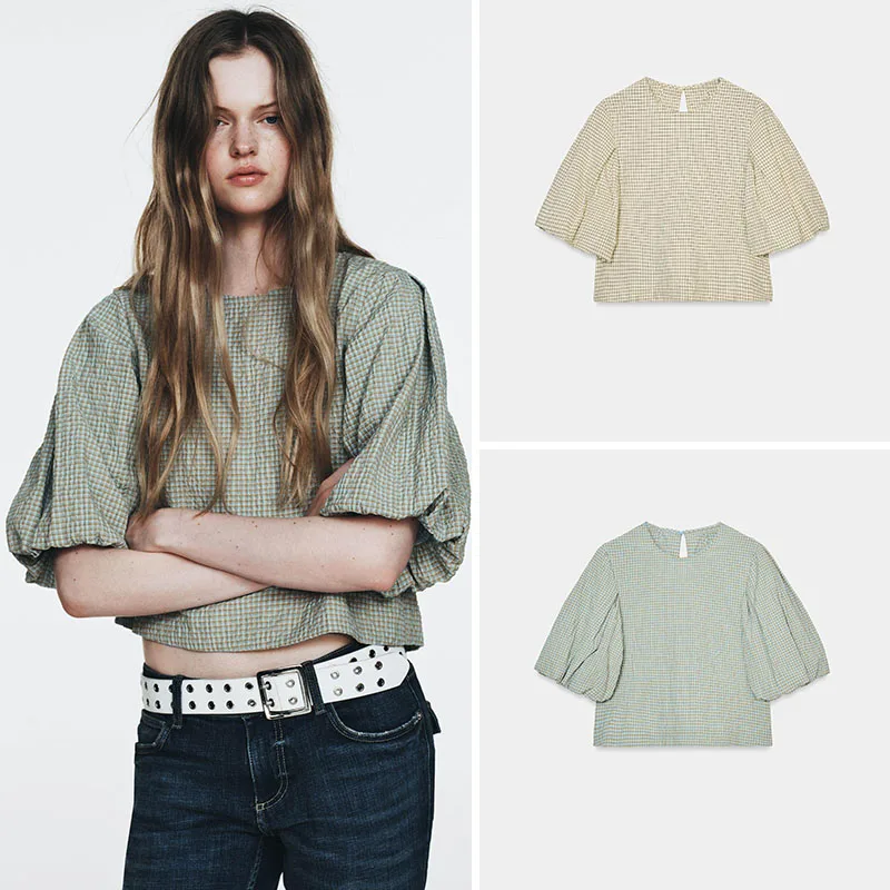 

Spring New Arrival Women's Plaid Balloon Sve Top Ethnic Stage Costume 8-25 Years Old 2026 Seasonal Faion Trend