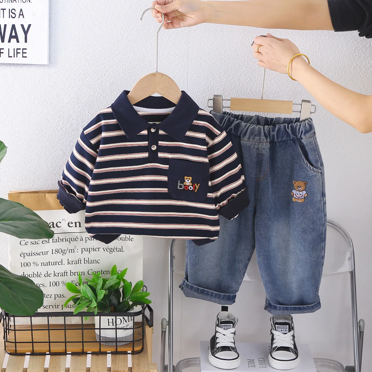 

Kids Boys Clothes Toddler Spring Outfits 2026 New Baby Boy Clothes 1-5 Casual Cartoon Striped Sweatshirt and Jeans Two Piece Set
