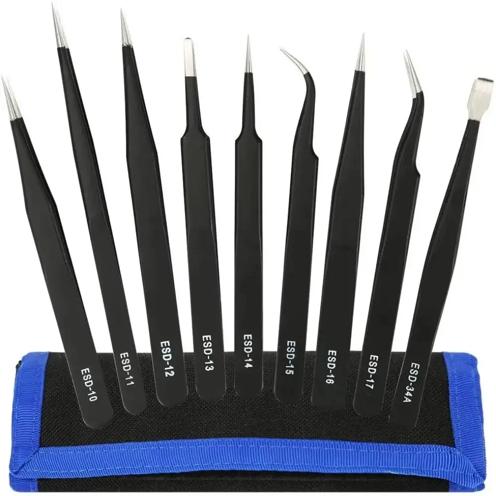 

9/10pcs Curved/Straight Design Precision Tweezers Set Durable Hand Tools Anti-Static Tweezers with Storage Bag Multiple Sizes