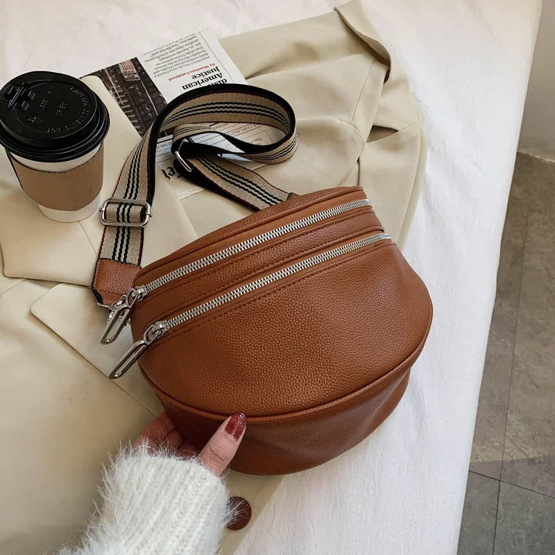 Elegant Solid Colour PU Leather Waist Bags For Women Double Zippers Design Waist Pack Female Fanny Pack Wide Strap Crossbody Bag