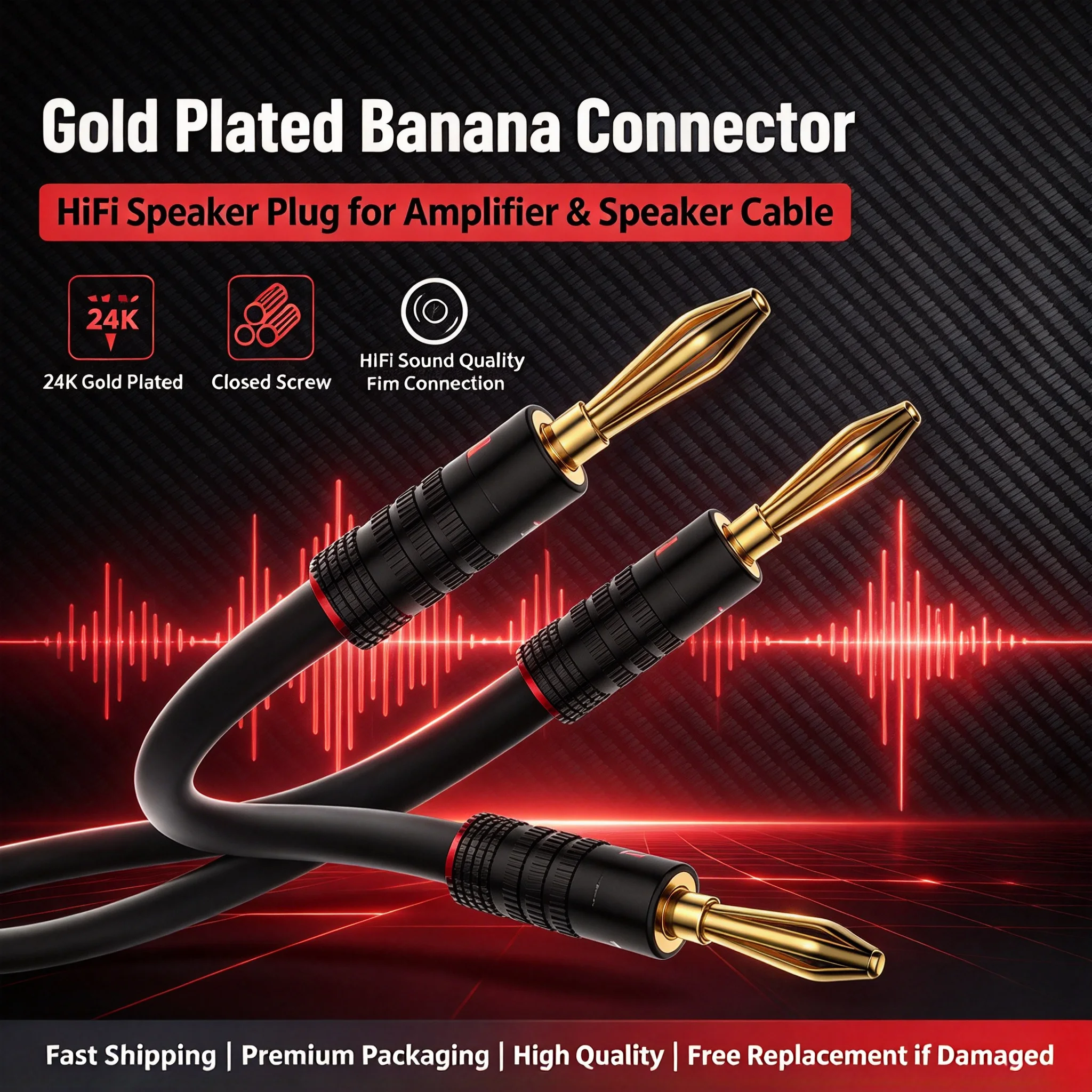 8PCS Audiocrast 24K Gold Plated Banana Plug, Closed Screw Speaker Connector for HIFI Audio Amplifier, Speaker Cable & Wall Plate