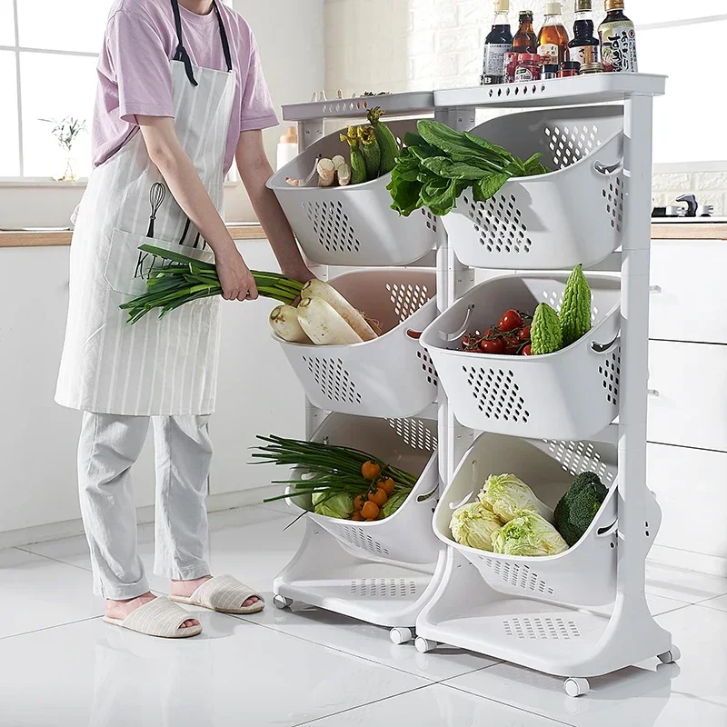 Multi-layer fruit and vegetable rack with wheels kitchen shelf fruit basket vegetable finishing movable hot pot