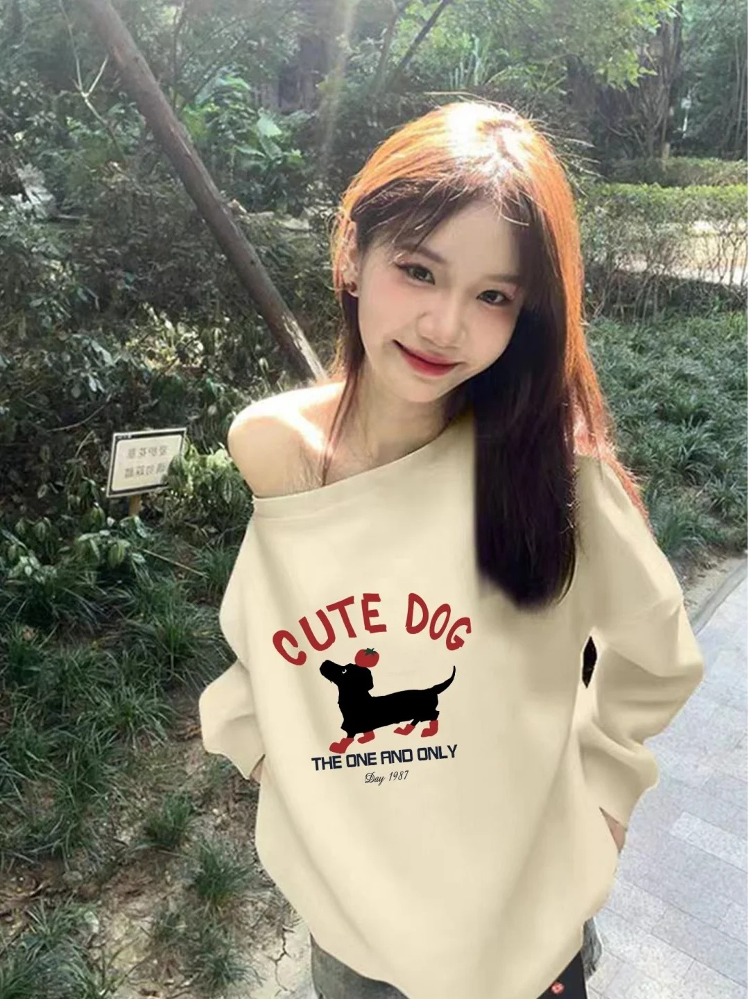 Sweet Cute Cartoon Dog Print Long Sve Sweatirt Light Beige oulder Design Comfortable Loose Fit Korean Sle Women's irt