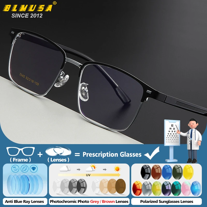

BLMUSA Fashion Men Square Photochromic Myopia Prescription Glasses High Quality Business Anti Blue Light Progressive Eyeglasses