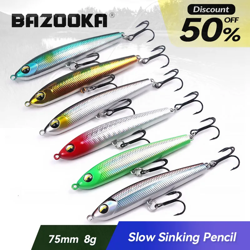 

Bazooka Slow Sinking Pencil Fishing Lure Popper Hard Jigging Bait Minnow Carkbait SwimBaits Wobblers Perch Bass Pike Winter Bait