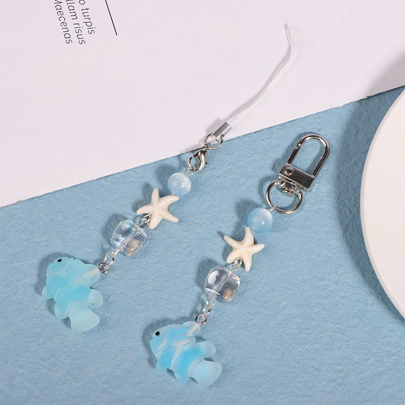 Y2K Blue Sea Fish Starfish Phone Charms Pendant Cute Bead Handmade Sweet Girl Keychain For Bag Camera Hanging