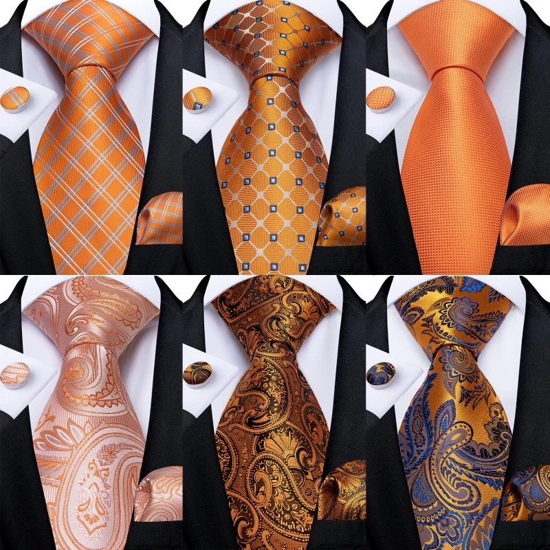 DiBanGu Orange Striped Solid Paisley Plaids Fashion Men's Tie With Hanky Cufflinks Silk Neck Ties For Men Wedding Party Neckties