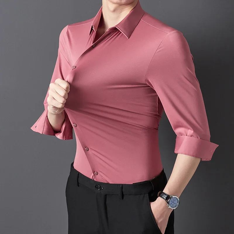 

Men's High Quality Solid High Elasticity Seamless Comfortable Long Sleeve Shirts Slim Social Casual Business Dress Shirt A40