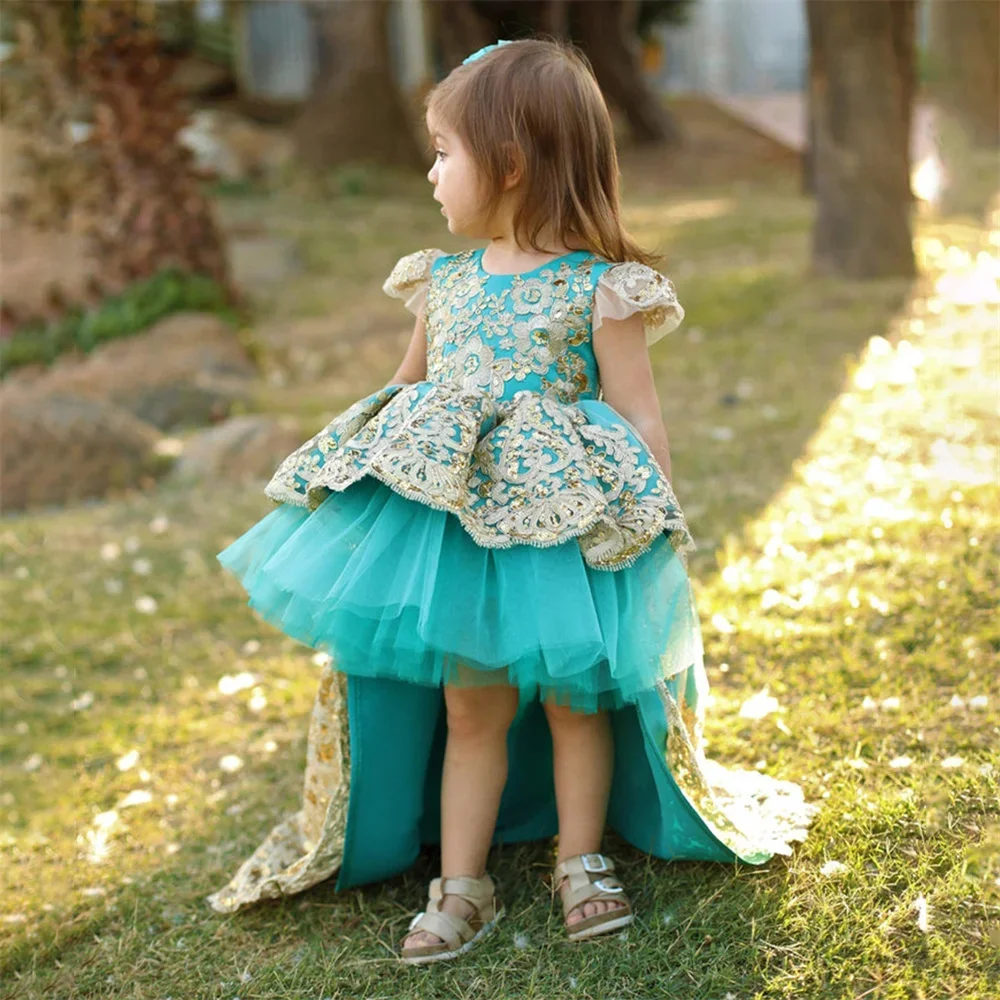 Princess Golden Applique Short Sleeve A Line Pleat First Communion Ball Gown Flower Girl Dress For Wedding Customized