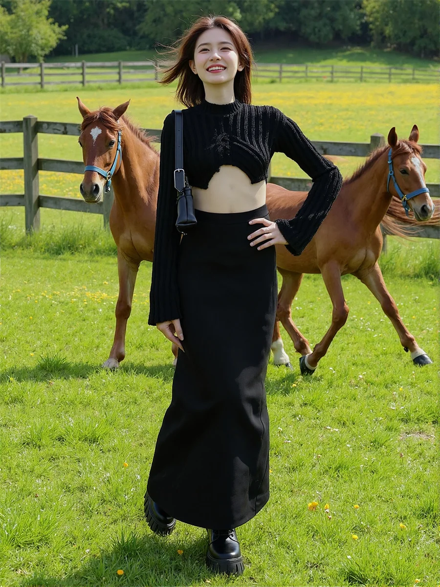 

Women'S Skirts Regular Fit Black Ankle Length Female Elegant Formal Office Lady High Waisted Slim Solid Color Straight Cut Long