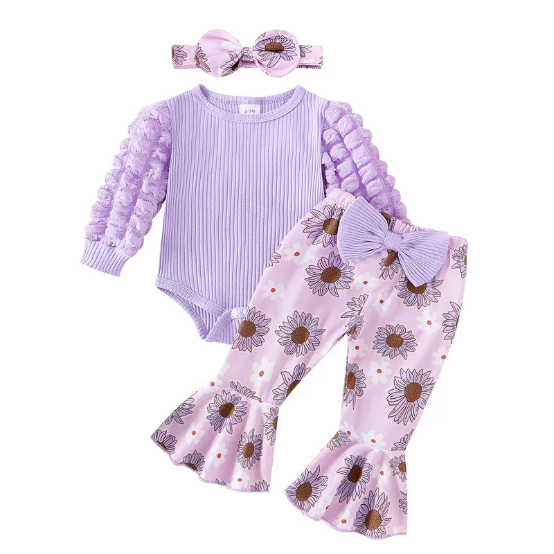 

Baby Girls Fall Outfit Long Sleeve Romper with Flower Flare Pants and Headband Clothing Set