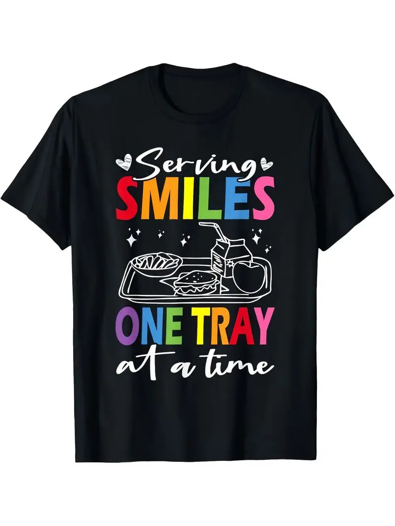Food Service Graphic T-Shirt - Serving Smiles One Tray At A Time - Soft Cotton Tee - Black Shirt For Servers And Cooks S-Xxxl