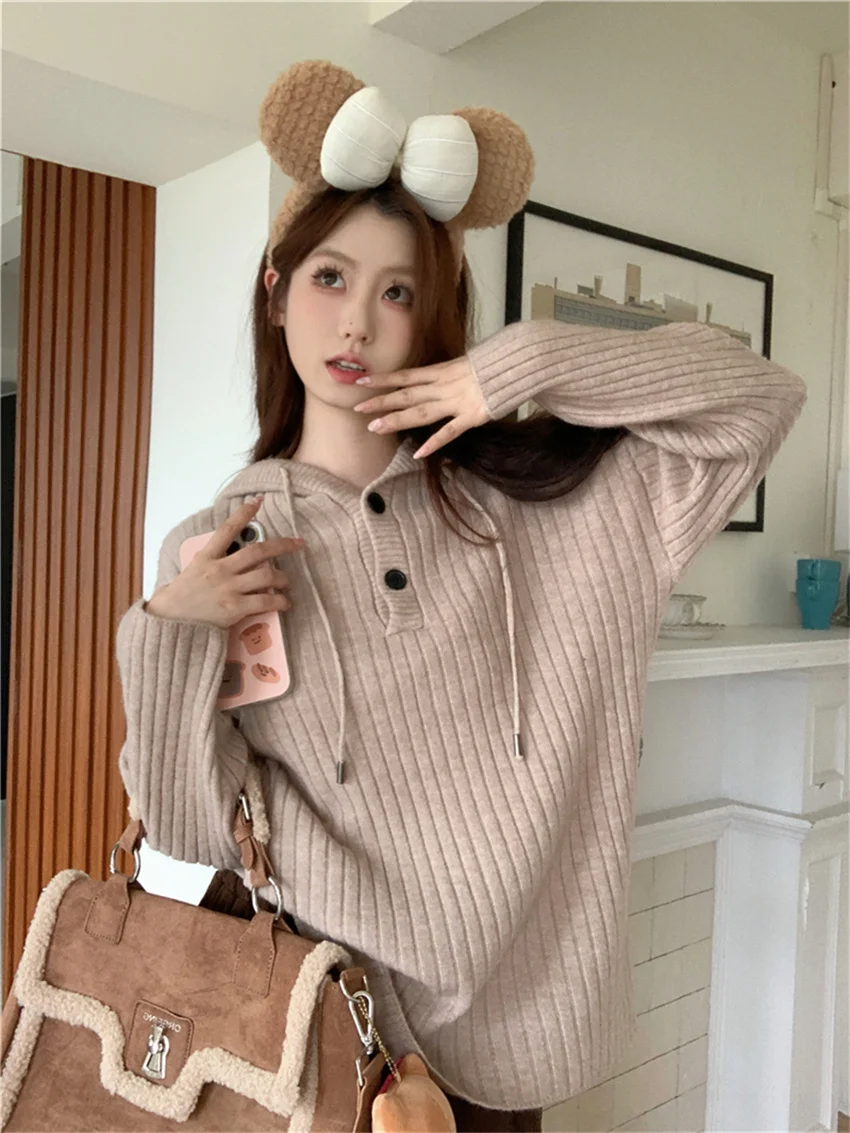 Alien Kitty Hooded Women Sweaters Solid Pullovers Gentle Loose Oversize Lazy Style Fashion 2024 New Spring Daily Knitted Casual