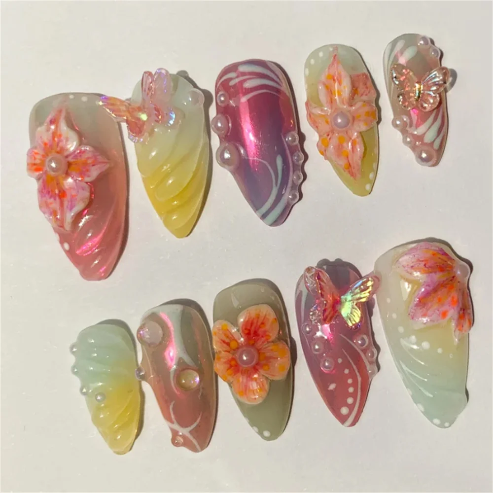 10Pcs Luxury Handmade Press On Nails Almond 3D Flower Design  Acrylic False Nails ABS Artificial Nails with Set