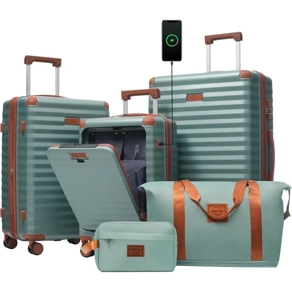 Expandable Hardside Spinner Luggage Set with TSA Lock, USB Port, and Cup Holder - 20, 24, 28 Antique Blue Green