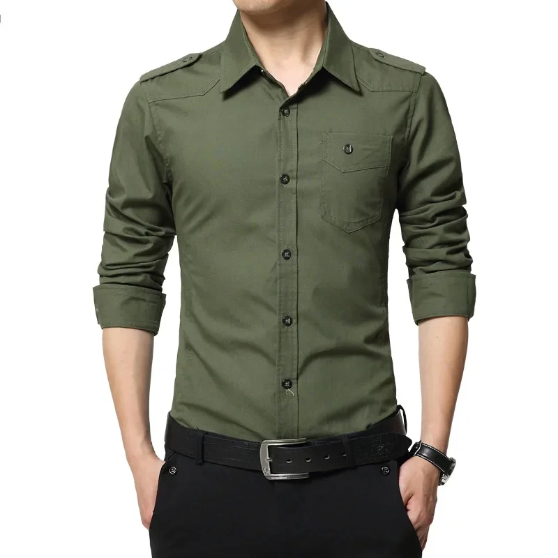 2024 Men\'s Epaulette Shirt Fashion Full Sleeve Epaulet Shirt Military Style 100% Cotton Army Green Shirts with Epaulets