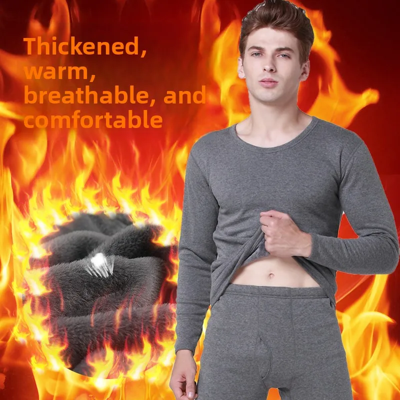 

Thickened Fleece Warmth Underwear Set for Teenage Boys Long Sleeve Long Pants Double Layered Cotton Polyester Blend Home Wear