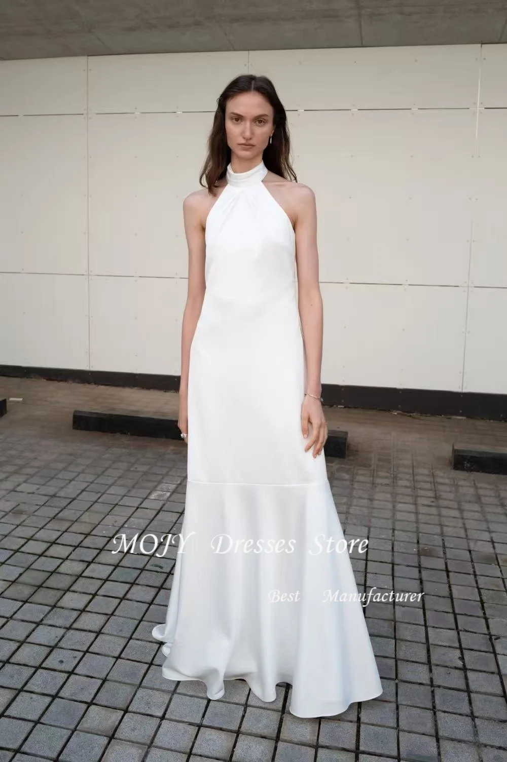 Mojy Graceful Women Wedding Dresse Vintage High Neck Sleevels Simple Bridal Gown Soft Crepe Mermaid Brides Wedding Gowns