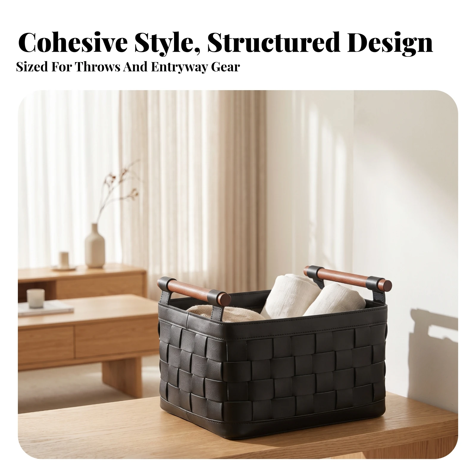 Woven Storage Basket with Handles Structured Basket with Handles Rectangular Storage Bin Sturdy Rustic for Shelves, Living Room