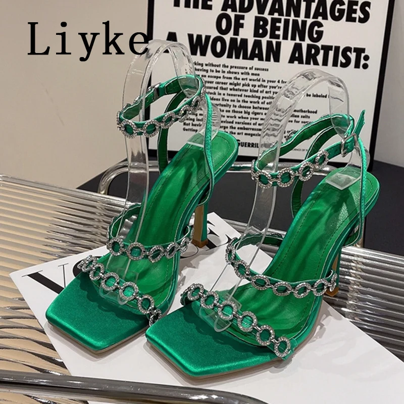 Liyke Elegant Women Wedding Party Sandals Fashion Design Crystal Chain Square Toe Gladiator High Heels Summer Shoes Ladies Green