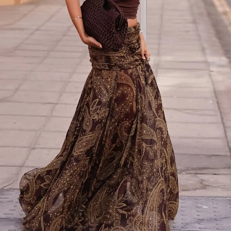 Irregular Printed Big Swing Long Skirts for Women High Waist Buttock Cover A-Line Maxi Skirt Female Vintage Bottom Clothes