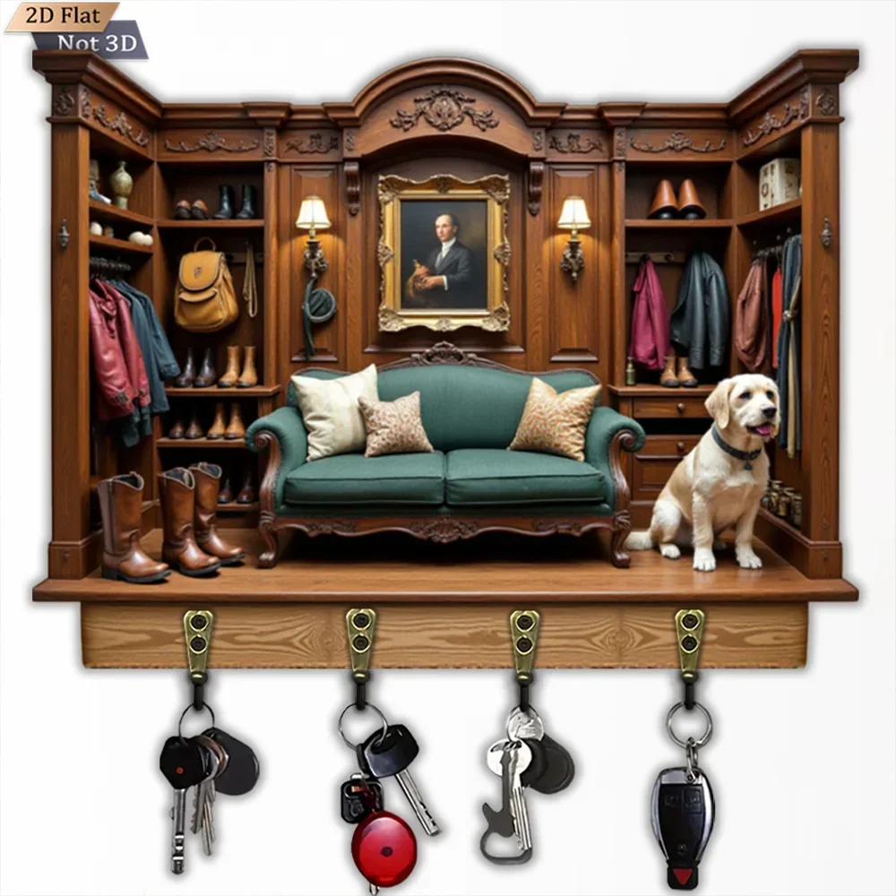 2D Flat, 1pc, Solid Wood Carved Key Hook, Wooden Multifunctional Home Key Hook, with Four Metal Hooks, Wall Decoration, Porch