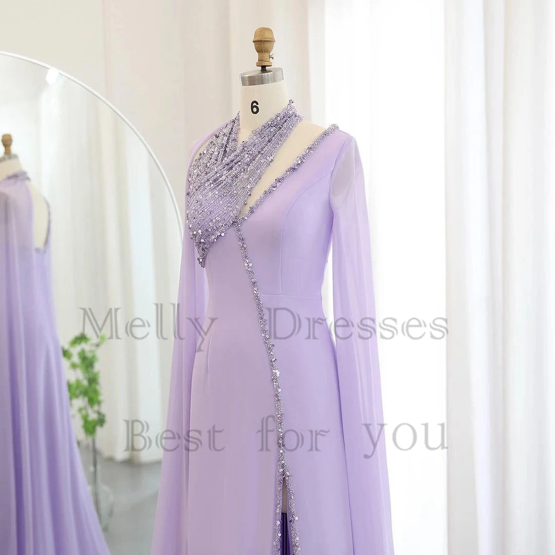 Vestidos de noite muçulmanos com fenda lateral para mulheres, vestido de baile com perolização, roxo, moderno, verão, 2024