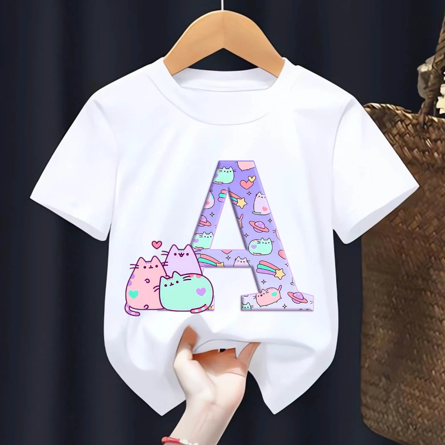 Pusheen Cat T-shirt for Children Letter A-Z Tee Top Cute Cartoon Anime Clothes New White Clothing Fashion Kids Round Collar Gift