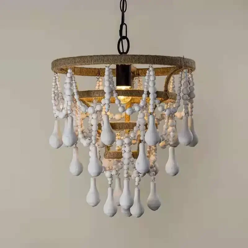 

Bohemian Iron Art LED Ceiling Pendant Light White Wood Beads Chandelier Retro Living Room Restaurant Hotel Homestay Hanging Lamp