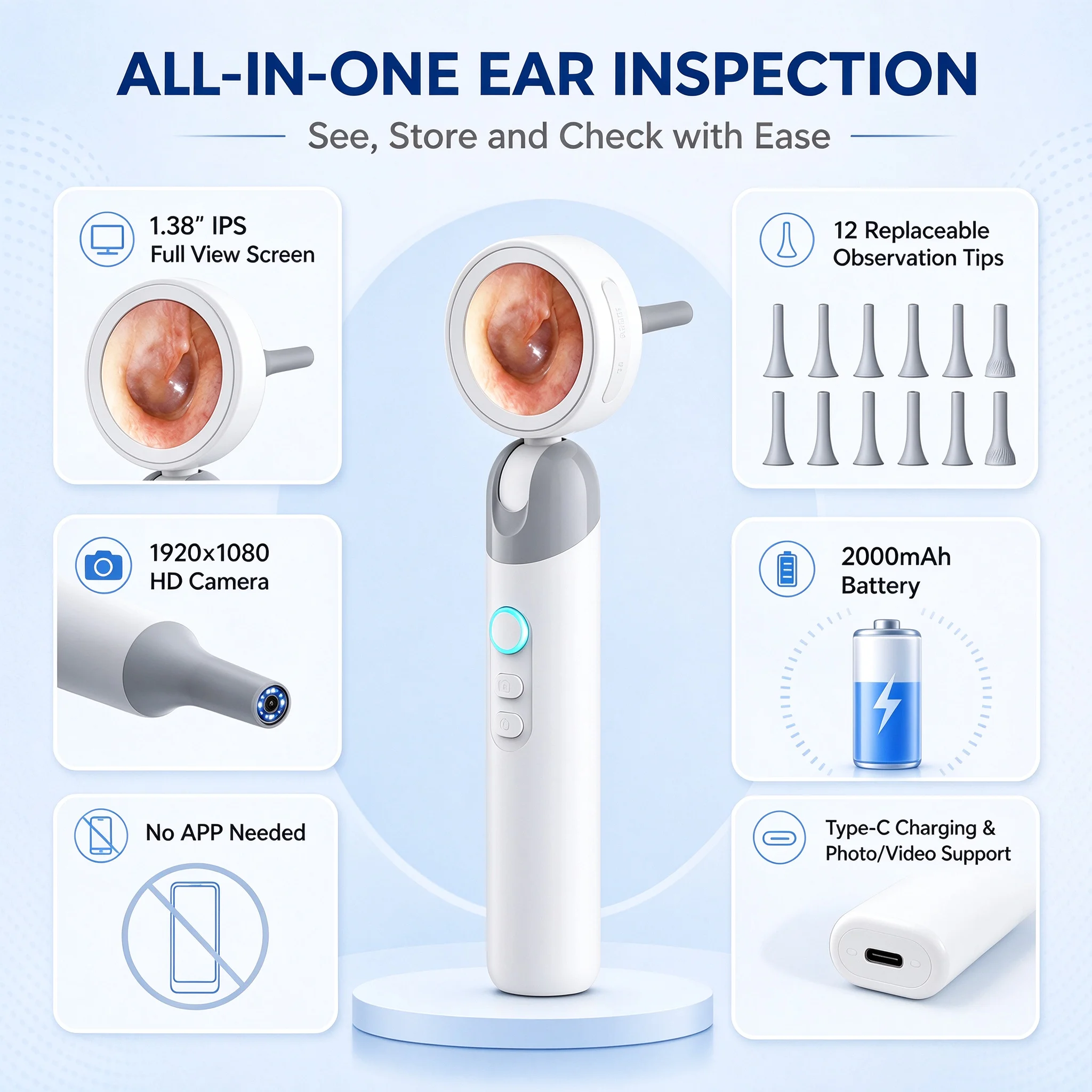 1080P 1.38 Inch IPS Screen Visual Ear Camera 1080P HD Otoscope 12 Replaceable Tips for Adults Kids Pets Ear Inspection No App