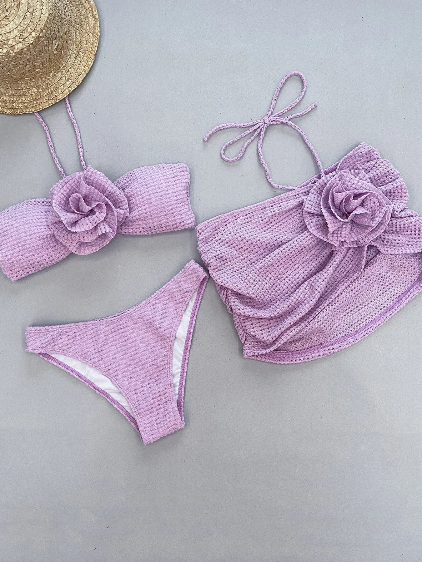 Conjunto de Bikini de tres piezas de malla de ganchillo para mujer, traje de baño Sexy con flores en 3D, trajes de baño sólidos para mujer, ropa de playa 2024