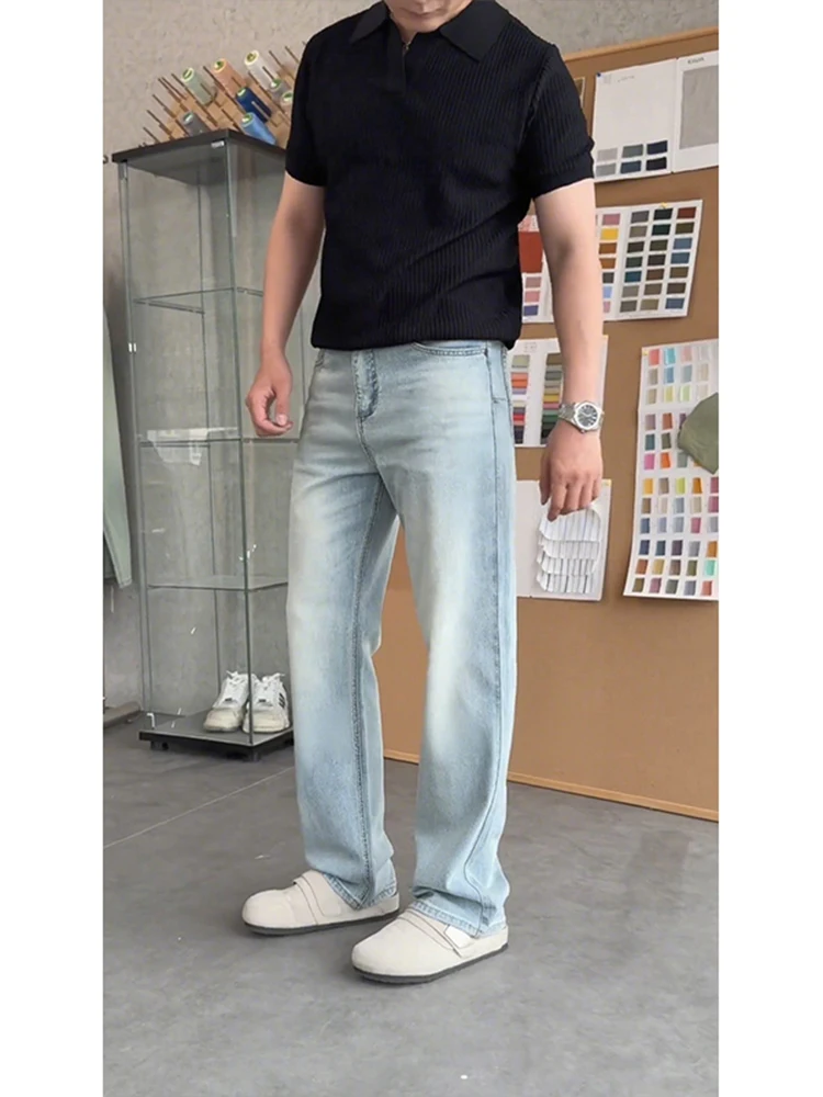 

Retro Blue Waed Men's Bell Bot Jeans Straight Leg Casual Wear Youth Faion High Street Trend Brand Qi Jian