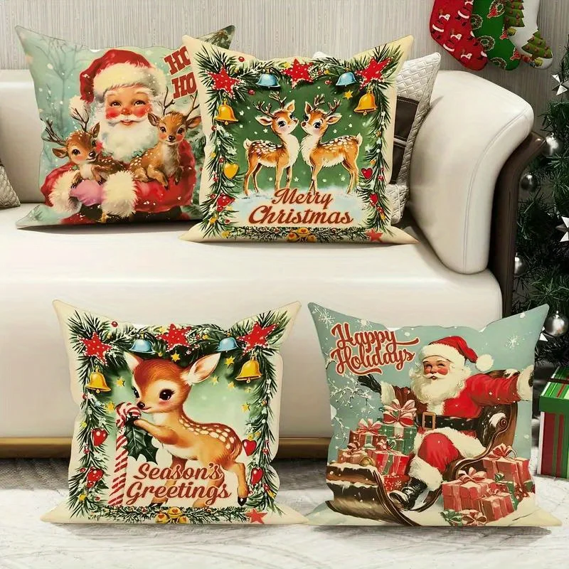4pcs Vintage Christmas Velvet Pillow Covers Santa Reindeer Design, Soft Polyester Zipper Closure 18x18 Inches Machine Washable