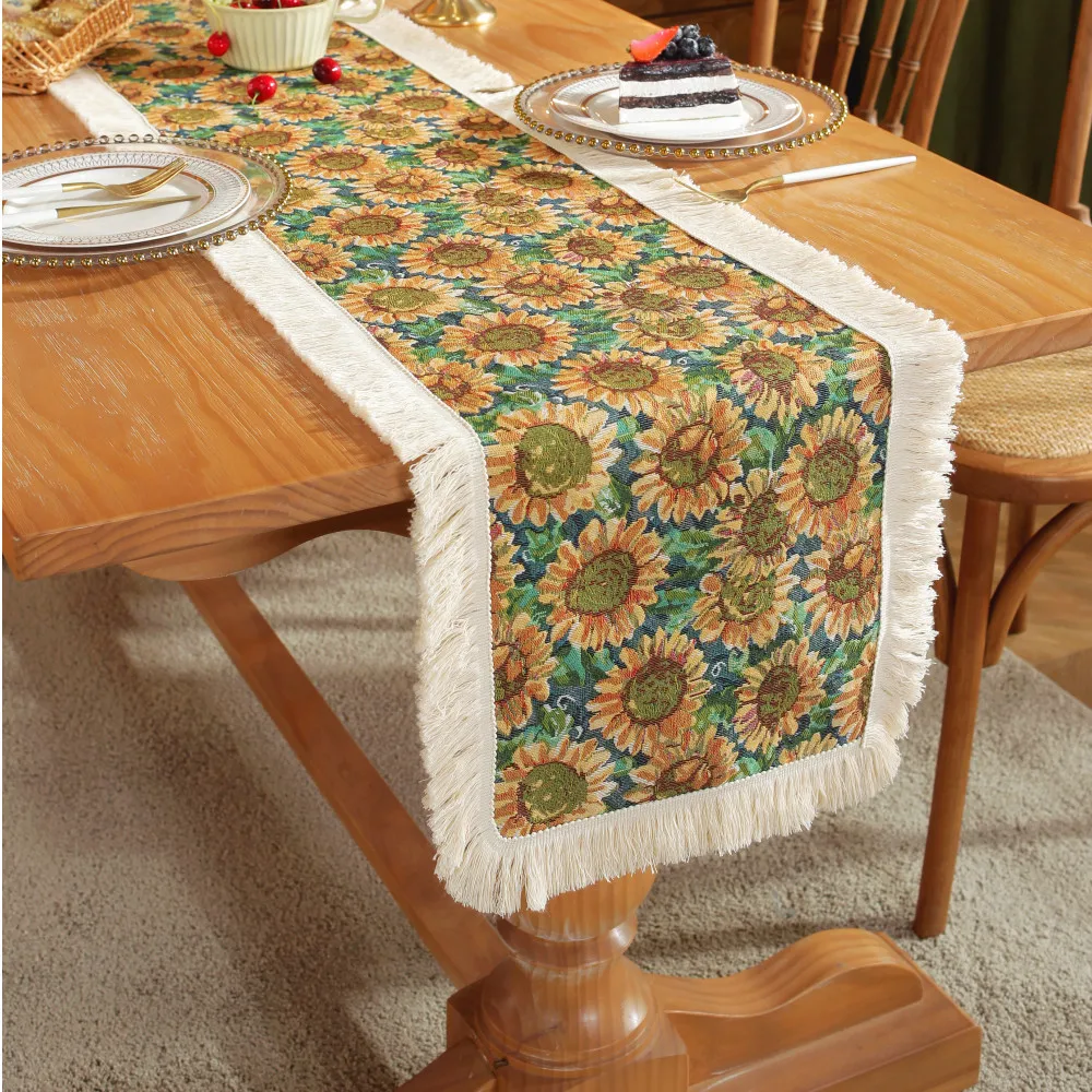 

American Retro Table Runner Jacquard Sunflower Tassel Tablecloth Lobby Long Strip Cover Cloth Party Decoration Cloth
