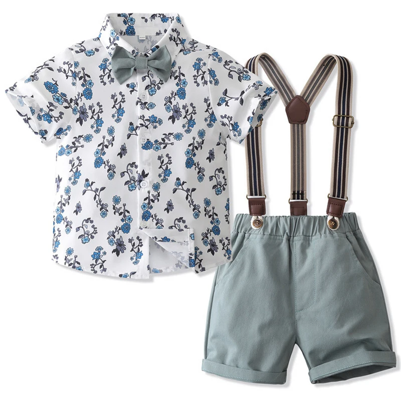 

4Piece Summer Kids Outfit For Baby Boy Clothes Fashion Gentleman Casual Flowers Beach T-shirt+Shorts Children Clothing Set BC431