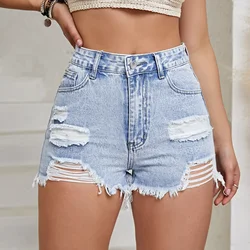 Denim gescheurde jeans dames shorts gewassen vintage hoge taille gaten gebleekte zakken sexy losse Y2k rechte noodlijdende 2025 basis