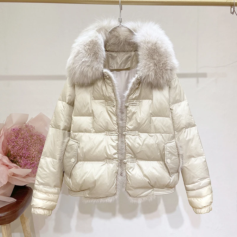 Lapel Fox Fur Big Fur Collar Stitching Mink Short Down Jacket New Women\'s Clothing Plate Buckle Bread Coat Winter Clothing Coats