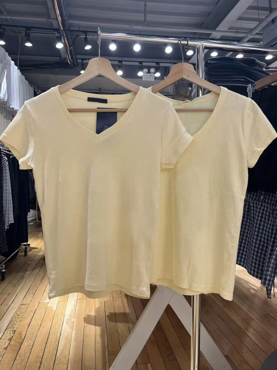

Light Yellow Sweet Cotton Slim T-shirt Summer Sexy V Neck Short Sleeve Tee Shirts Women Preppy Style Simple Basic Y2k Tops Tees