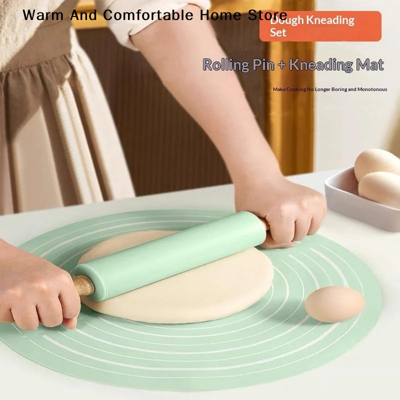 【W】2pcs/set Reusable Thickened Rolling Pin Pastry Mat Set Round Silicone Kneading Pad Househeld Pastry Baking Dough Mat