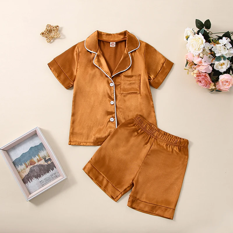 Toddler Girls Boys Summer Outfit Sets Short Sleeve Lapel Shirt Solid Color Shorts