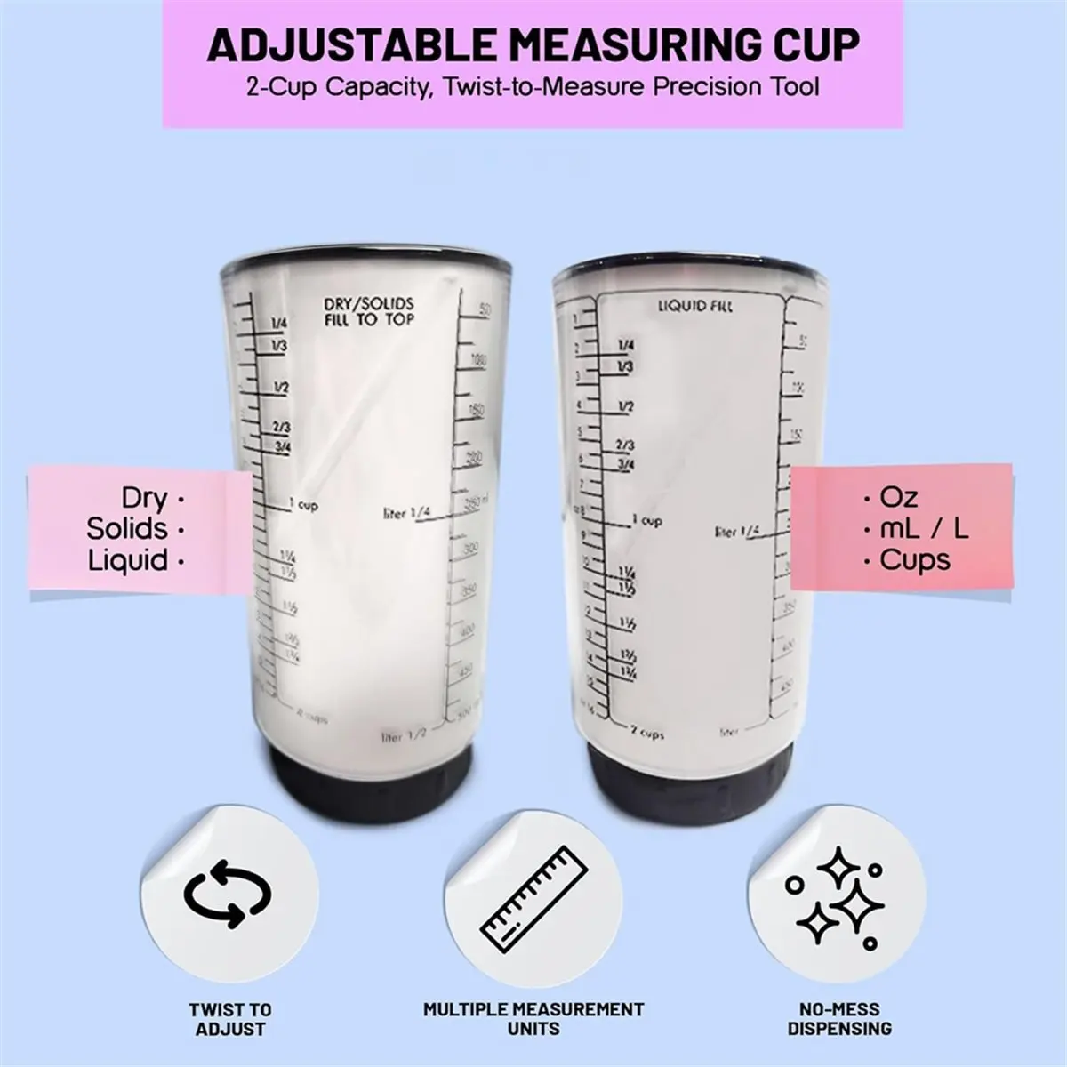ABZT Adjustable Measuring Cup 1/8 to 2 Cup Plunger Measuring Cup Baking Measuring Cup Without Waste