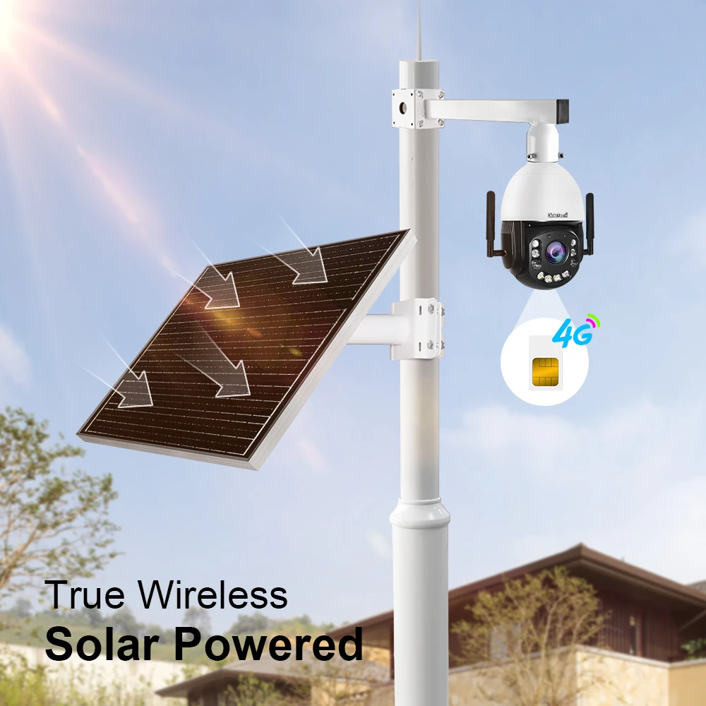 JideTech 20X Optical Zoom 5MP Movable Pole Solar Powered 4G Security Camera System Support 2 Modes Night Vision Auto Tracking