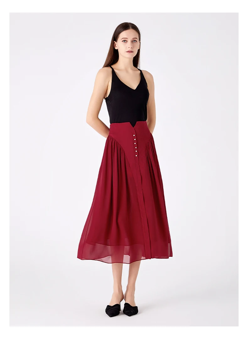 

Love 100% Pure Mulberry Silk Georgette Wine Red Natural Waist Midi Skirts Contrast Jacquard Elegant Lady Summer Skirt New CE208