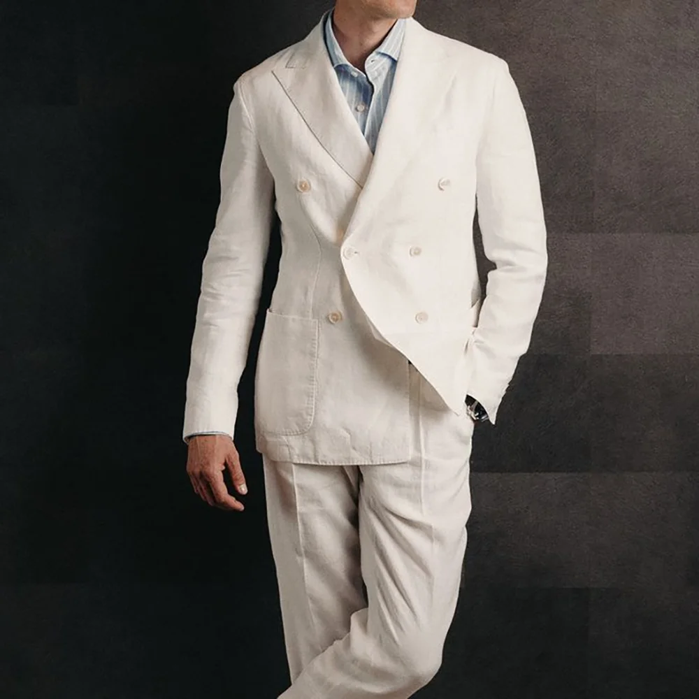 

Summer Pure White Linen Men Suit 2 Pieces Double Breasted Solid Color Social Party Work Commute Male Blazer Set