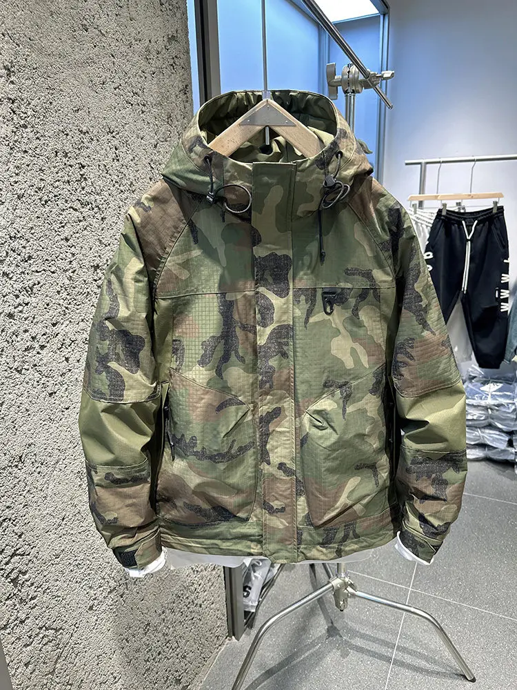 Men Camouflage Hooded Padded Lining Coat Autumn Winter Stand Collar Loose Fit Windbreaker  Travel Camping Hiking Cargo Jacket